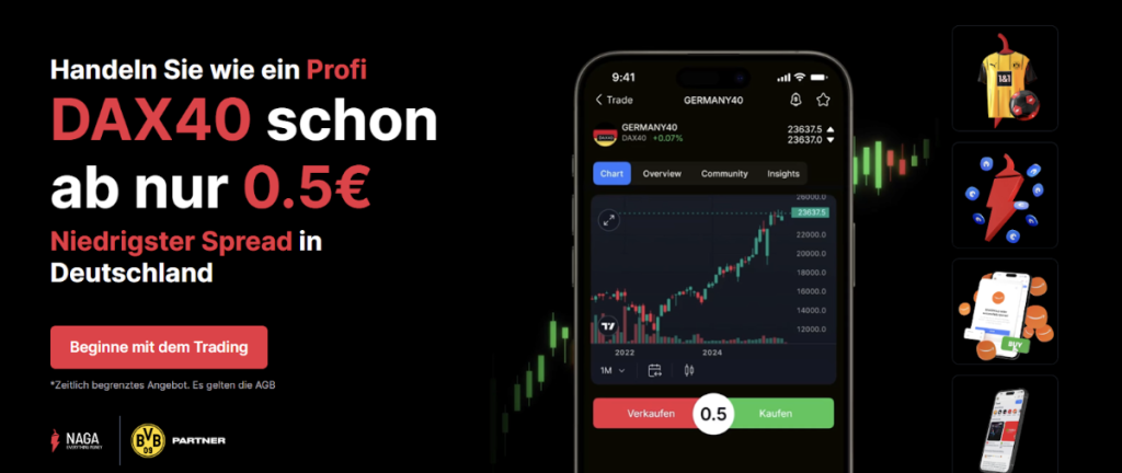 Screenshot NAGA DAX40 Angebot – Niedrigster Spread in Deutschland ab 0,5 €.